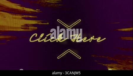 Showing central neon element glowing with yellow neon Click Here text and arrows on digital screen Stock Photo