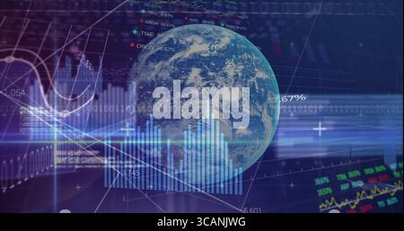 Rotating 3D Earth globe displaying market data in virtual dashboard, line graphs and binary streams Stock Photo