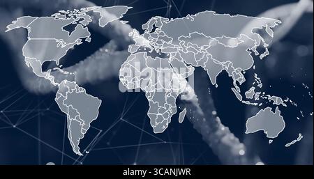 Displaying white map outline on digital interface, with blurred ropes, glowing network lines, nodes Stock Photo