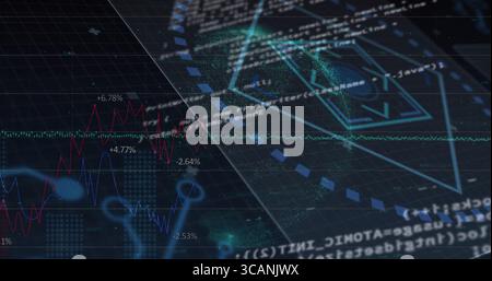 Rotating cyan wireframe 3D shape over data grid, with colorful graphs, code snippets, green glows Stock Photo
