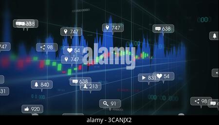 Trading interface displaying candlestick chart moving on grid and trend line with floating icons Stock Photo