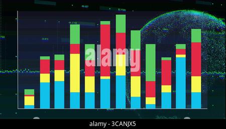 Displaying stacked bar chart on data dashboard with numeric labels, dotted line and digital globe Stock Photo
