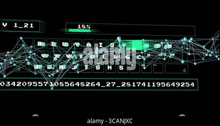 Displaying QWERTY keyboard in digital interface with node grid, green 18% progress bar, code panel Stock Photo