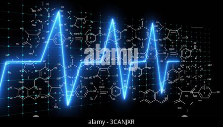 Displaying neon-blue ECG waveform pulsing on virtual laboratory interface, with chemical structures Stock Photo