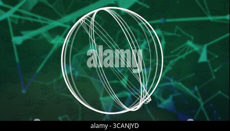 Floating glowing wireframe sphere hovering in network visualization, with nodes, connecting lines Stock Photo