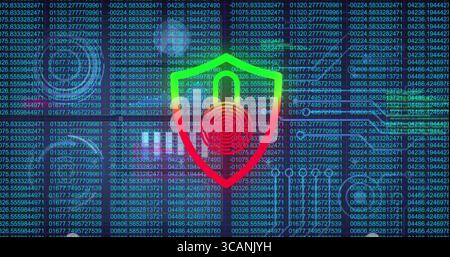 Displaying rainbow shield securing code in security graphic with fingerprint and padlock icons Stock Photo