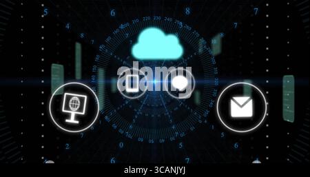 Displaying glowing turquoise cloud icon hovering over virtual interface, with connectivity icons Stock Photo