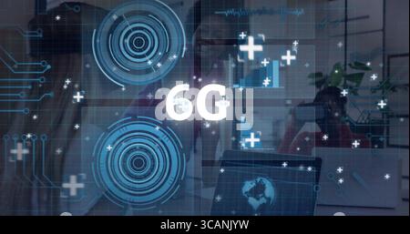Projecting 6G holographic interface and digital world map dominating office workspace, with laptops Stock Photo