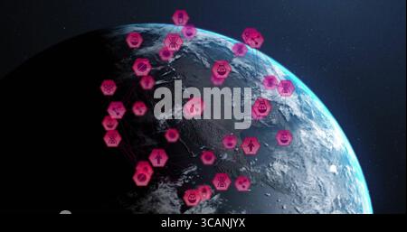Displaying planet Earth rotating in space, with pink hexagonal data icons and glowing network lines Stock Photo