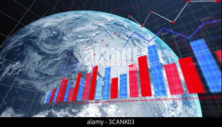 Displaying Earth spinning in orbit, showing bar charts, line graph and wireframe grid Stock Photo