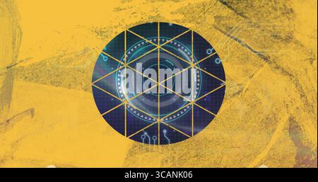 Displaying central circular digital interface on yellow backdrop, with grid lines and neon motifs Stock Photo