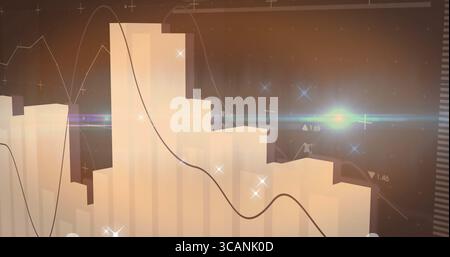 Displaying 3D bar columns on analytics dashboard, with overlaid line graph and numeric labels Stock Photo