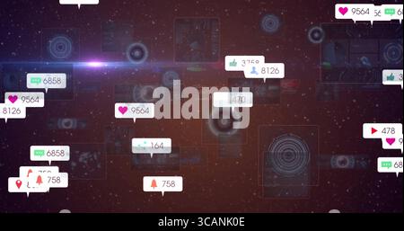 Displaying social media notifications floating in cosmic interface, with heart comment bell icons Stock Photo