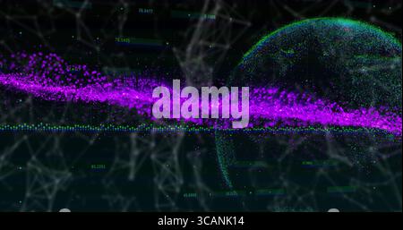 Flowing magenta particle stream across virtual 3D space, with network lines and spherical globe Stock Photo