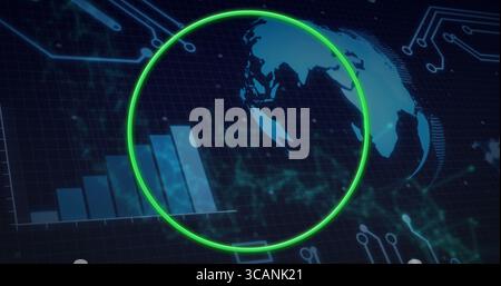 Displaying globe glowing neon green overlay on digital grid, with five-bar chart and circuit lines Stock Photo