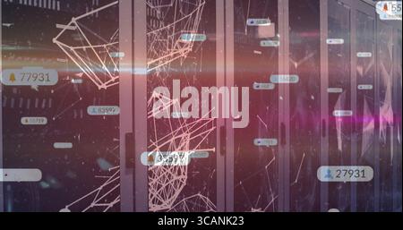 Displaying server rack emitting wireframe data in server corridor, with floating labels and LEDs Stock Photo
