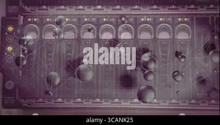 Displaying central console faders with LED lights in digital interface, with glowing sphere network Stock Photo