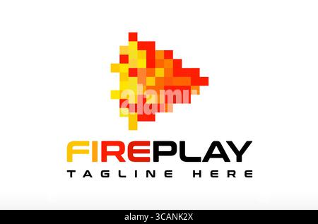 Fire Pixel Play Logo Design, Fire Logo, entertainment logo, studio logo, pixel data information, app icon, creative fire, movie and film animation Stock Vector
