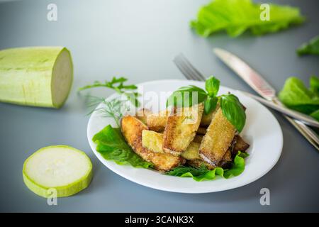 Homemade fried zucchini on a white plate on a gray background. Stock Photo