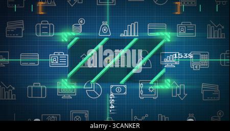 Displaying neon green zigzag arrow on dark blue digital interface grid, featuring financial icons Stock Photo