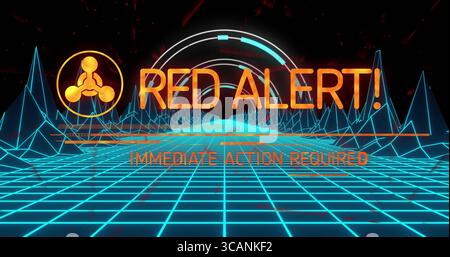 Displaying RED ALERT graphic hovering over cyan grid in wireframe landscape with progress arc Stock Photo