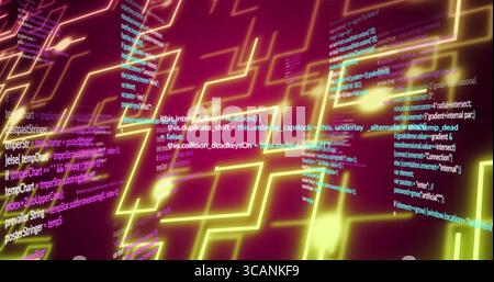 Displaying glowing neon circuit lines in digital schematic, with floating programming code snippets Stock Photo
