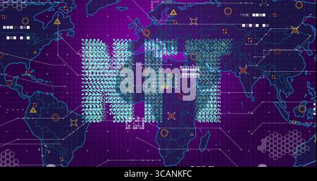 Displaying graphic on purple grid interface with connection lines, neon world map and NFT clusters Stock Photo