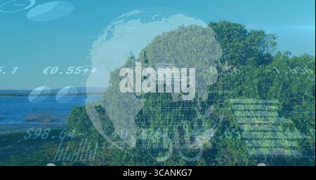 Floating wireframe globe displaying financial charts over waterfront shore lined with shrubs Stock Photo