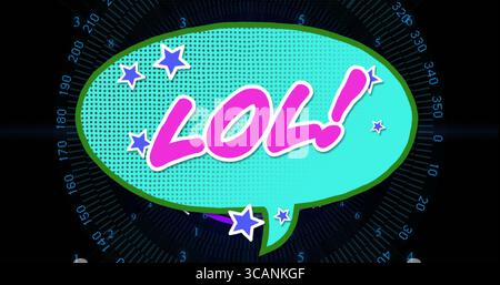Displaying teal comic-style speech bubble with pink LOL letters over digital grid, halftone pattern Stock Photo