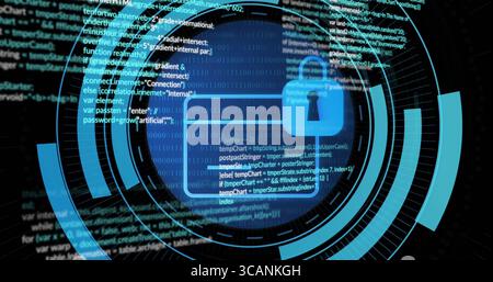 Glowing blue padlock icon floating in HUD circles on digital interface, with code and binary digits Stock Photo