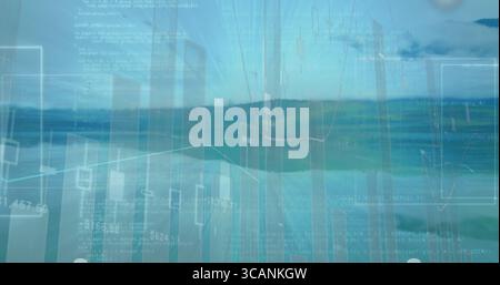 Displaying digital visualization hovering over open ocean, with translucent charts and code text Stock Photo