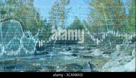 Flowing river over rocks in forest stream under deciduous trees, with financial data overlay Stock Photo