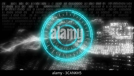 Displaying glowing cyan HUD rotating in digital data space, with binary streams and noise Stock Photo