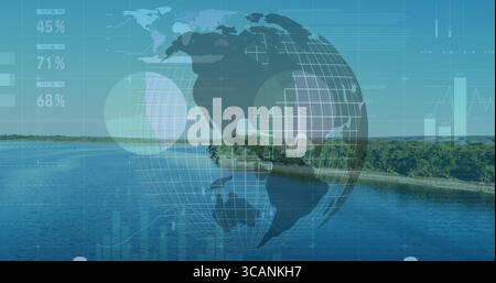 Displaying 3D wireframe globe hovering over lakeside water, with bar charts and percentages Stock Photo