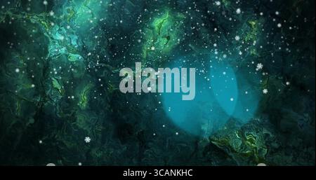 Glowing teal orb pulsating within fluid cosmic environment, with marbled veins, snowflake shapes Stock Photo
