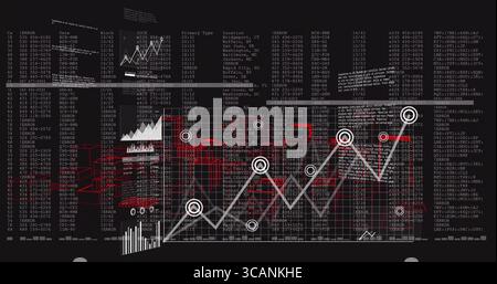 Displaying line graph connecting circular markers across grid panel, with red 3D blocks, error logs Stock Photo
