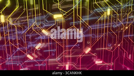 Displaying abstract network on digital grid, with circuit lines, nodes, panels and code fragments Stock Photo