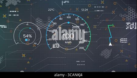 Displaying speedometer at 100 km or h on panel with metrics, navigation route, network patterns Stock Photo