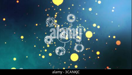 Displaying central hub linking six nodes in abstract network, with glowing yellow and orange orbs Stock Photo
