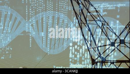 Displaying DNA helix rotating over 3D grid plane, streaming code and transmission tower silhouette Stock Photo