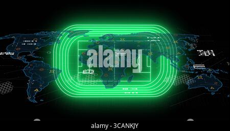 Displaying abstract world map and neon green soccer pitch overlay on dashboard, with data icons Stock Photo