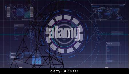 Holographic interface projecting in virtual console, with tower silhouette, globe, code panels, map Stock Photo