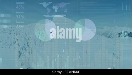 Displaying world map, pie charts, bar charts, line graph and percent labels over glacial terrain Stock Photo