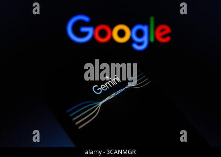 December 6, 2023, Asuncion, Paraguay: Gemini logo is displayed on a smartphone backdropped by Google logo. Google announced the launch of its latest large AI model Gemini. (Credit Image: © Andre M. Chang/ZUMA Press Wire) Stock Photo