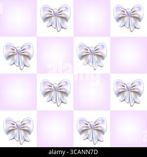 Abstract girly seamless pattern in Y2K style. Three-dimensional Hologram Bows on Checkered Pink and White background. 3D retro chrome bubble art. Stock Vector