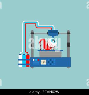 3D printer printing a realistic human eye. Conceptual image about biotechnology, organ printing, medical innovation, and futuristic science. Stock Vector