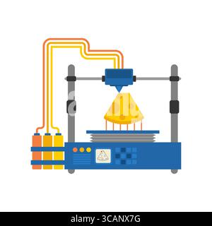 3D printer printing a cheese block. Perfect for tech, food innovation, future food technology, and industrial concepts. Stock Vector