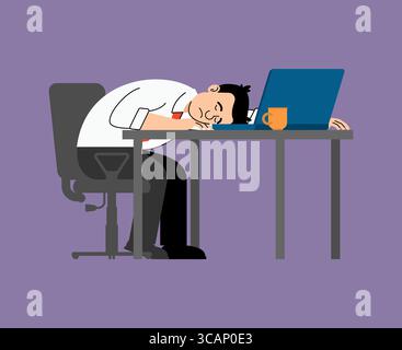 tired man sleeping on his desk in front of a laptop. Represents overwork, burnout, stress, and exhaustion in a modern office setting. Stock Vector