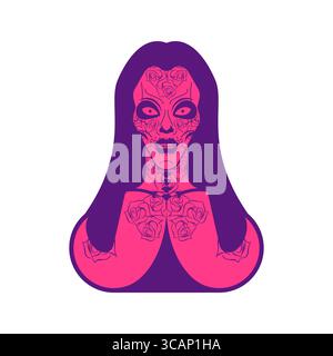 female skeleton in pink tones with glowing eyes. Feminine representation of death with surreal and emotional undertones in modern gothic illustration. Stock Vector