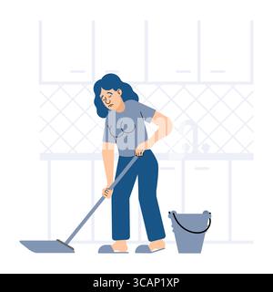 Woman mopping the floor in a kitchen. Daily cleaning routine, hygiene, and home chores concept. Illustration of housework and domestic life. Stock Vector